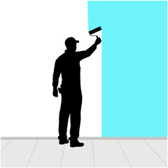 Painter painting a wall with paint roller silhouette, male painter drawing a wall with paint roller isolated on white