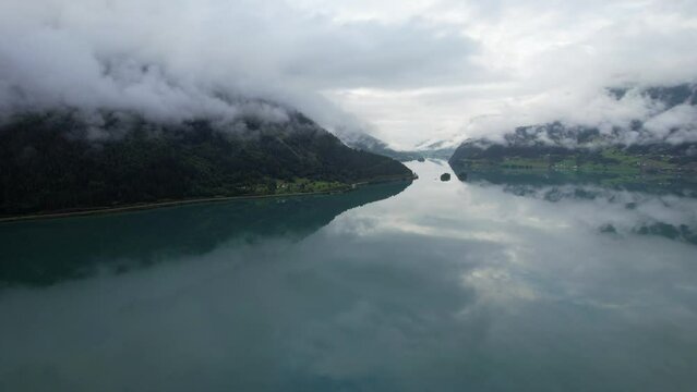 Aerial view above the impressive fjords and lakes of Oldevatnett Norway during the summertime
