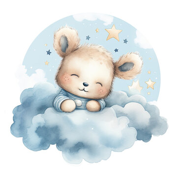 Cute baby teddy rabbit sleeping on the cloud painted Illustration, Generative Ai