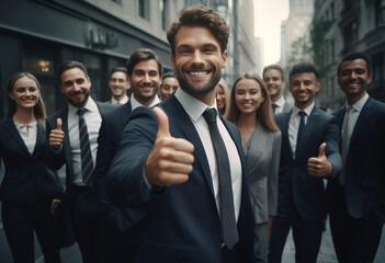 The business team leader raises a thumbs-up, indicating their commitment to excellence in teamwork. Generative AI.