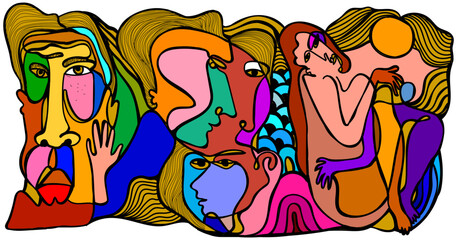 Set of abstract face portrait people colorful geometric, decorative hand drawn vector illustration art print design. Trendy contemporary shapes