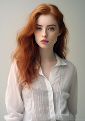 Fototapeta premium Beautiful Woman Model with red Hair and pale Skin in causal look on clear Background 