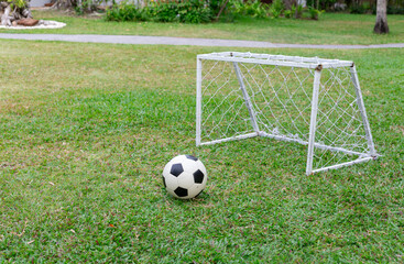 mini goal futsal court with soccer ball on the green grass at outdoor park