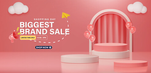 Cute sale banner podium, pink balloons and elements are available for use on online shopping websites or in social media advertising. - 683639864