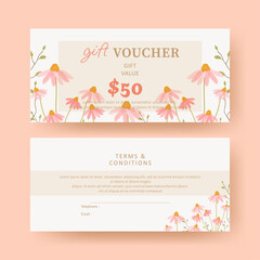Gift voucher. Coupon template with watercolor pink daisy flower decoration. elegant aesthetic design. good for boutique, jewelry, floral shop, beauty salon, spa, fashion, flyer, banner design.