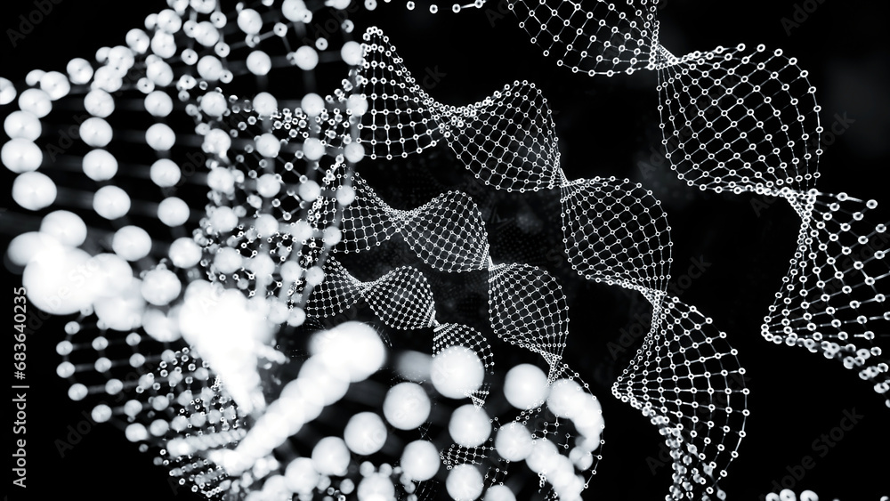 Poster rotating movement of flying spheres in space. design. monochrom spiral shapes of small dots.
