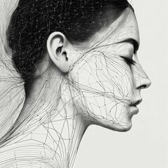 Black, thin lines that form the outline of the right profile of a woman's face. All lines have the same mass and weight. Continuity can be seen in the common flow of all lines. The lines occupy only t - obrazy, fototapety, plakaty