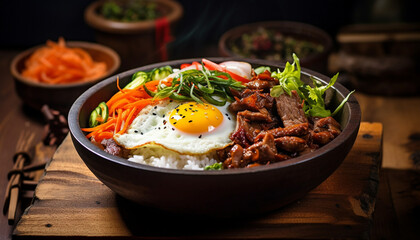 Bibimbap presented in a scorching hot stone bowl, complete with a tantalizing array of ingredients such as kimchi, crisp vegetables, and a flawlessly fried egg. Generative AI.