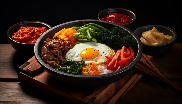 Bibimbap presented in a scorching hot stone bowl, complete with a tantalizing array of ingredients such as kimchi, crisp vegetables, and a flawlessly fried egg. Generative AI.