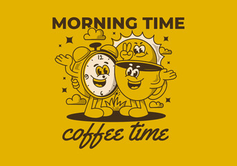 Morning time, coffee time. Mascot character of coffee cup, alarm clock and a sun