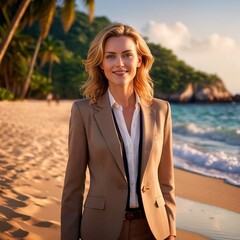 Businesswoman relaxed destressed happy beach holiday in summer