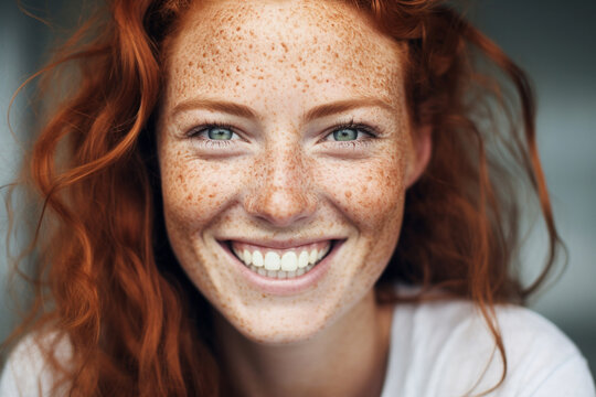 Portrait of a young and beautiful woman with vibrant red hair and natural freckles,The image is bathed in dark red and dusty green tones, creating a unique atmosphere. Generative AI.