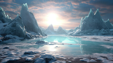 Snow Mountains With Frozen River and Moon in Cloudy Sky Background