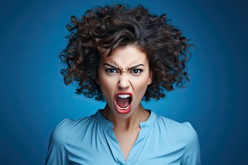 A young girl with curly hair screams angrily and looks at the camera. Generated by AI.