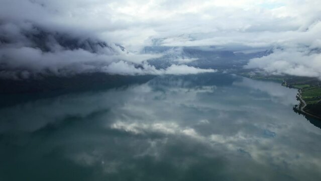 Aerial view above the impressive fjords and lakes of Oldevatnett Norway during the summertime