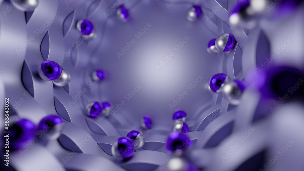 Poster abstract beautiful tunnel with many rolling spheres. design. corridor with small moving spheres.