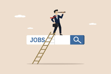 Looking for a new job, looking for opportunities, searching for vacancies or job positions concept, businessman climbing the ladder of the job search bar with binoculars to see opportunities.