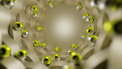Abstract 3d background with metal balls or spheres rolling around. Design. Movement along the tunnel of green beads.
