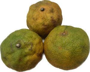 Tangerine Oranges wither The orange peel is wrinkled. Dark orange-brown color isolate on white...