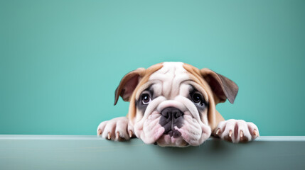 Bulldog peeking over pastel teal bright background with paws , banner - obrazy, fototapety, plakaty