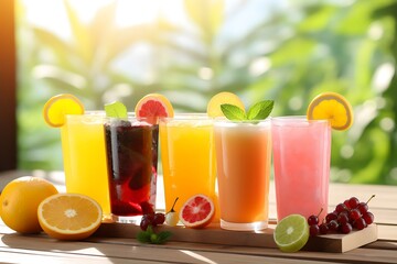 Fototapeta premium Various drinks with different fruits and syrups on a wooden table