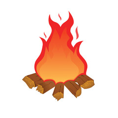 Burning bonfire on brown wood or logs with red orange fire campfire blaze for outdoor camping, signal fire