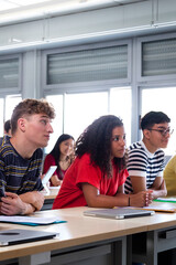 Vertical image of high school students in class listening to teacher. University students in classroom listen to lecture