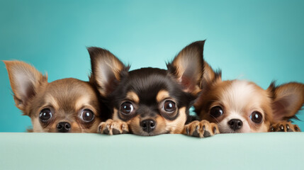 Group Small chihuahua puppies peeking over pastel bright background