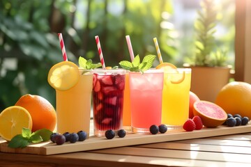 Fototapeta premium Various drinks with different fruits and syrups on a wooden table