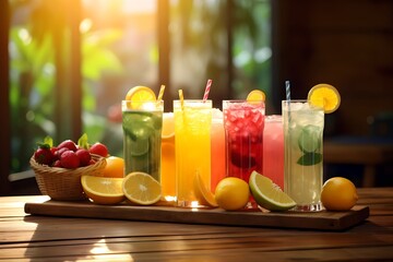 Various drinks with different fruits and syrups on a wooden table - obrazy, fototapety, plakaty