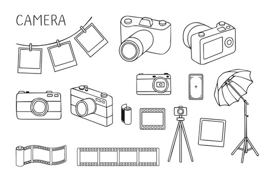 カメラやフィルムの手描き風イラストセット（モノクロ）