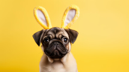 Happy smiling pug dog with bunny ears on yellow background. Easter concept . - obrazy, fototapety, plakaty