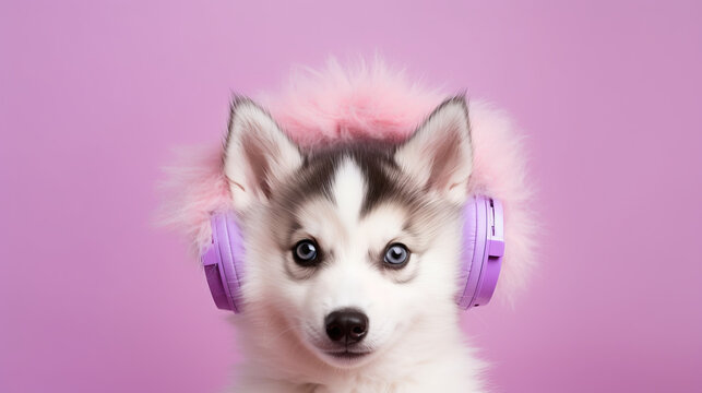 Siberian husky puppy in headphones on lilac background