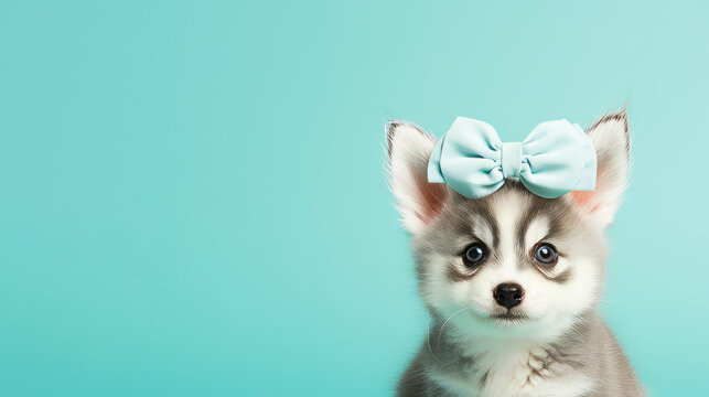 Siberian husky puppy girl with head bow on teal background