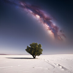 A tree on the snow with the Milky Way in the background, Generative AI