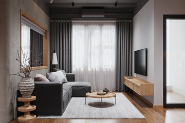 Creative composition of living room interior with the design of a gray sofa.