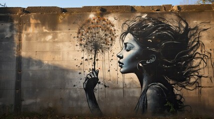 Graffiti of Girl Blowing Dandelion Seeds on Concrete