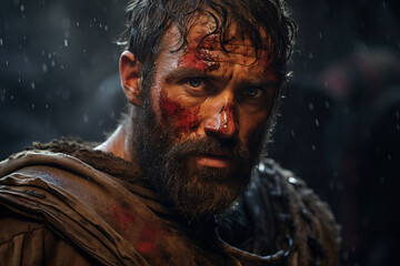 Warrior gladiator in blood. Male stern portrait of a medieval soldier standing outdoors in rainy weather