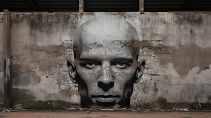 Man with Shaved Head Graffiti on Concrete Wall