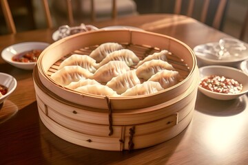Gyoza dumplings, potstickers in bamboo basket on wooden table
