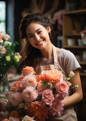 woman holding bouquet flowers flower shop wearing apron body features face happy smiling mixed race gorgeous maid cute girl mine disarmed smile - obrazy, fototapety, plakaty