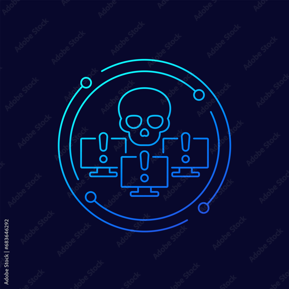 Poster botnet icon, bot attack, malware in computers, linear design