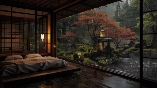 Bedroom In The Back Garden Japanese Style 6 Rain Falling Outside The Big Window