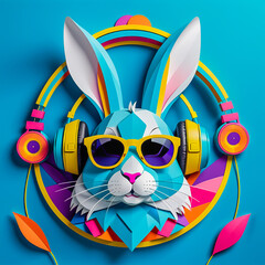 illustration of rabbit with headphones and sunglasses on the abstract background.
