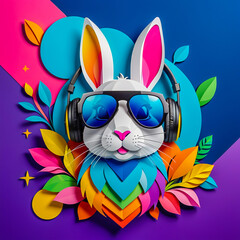 illustration of rabbit with headphones and sunglasses on the abstract background.