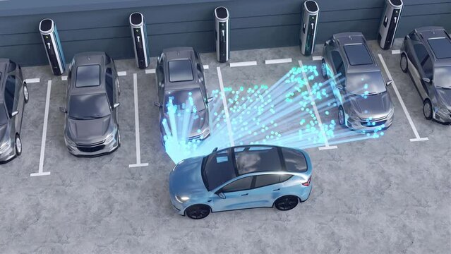 The concept autonomous parking system in parking lots without the need for manual control, equipped with sensors for detecting objects and nearby vehicles in all directions