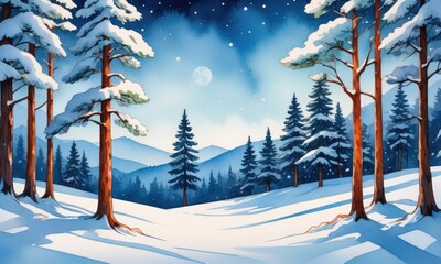 A blanket of snow enveloping the pine trees in a vibrant digital doodle style