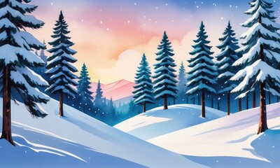 A blanket of snow enveloping the pine trees in a vibrant digital doodle style