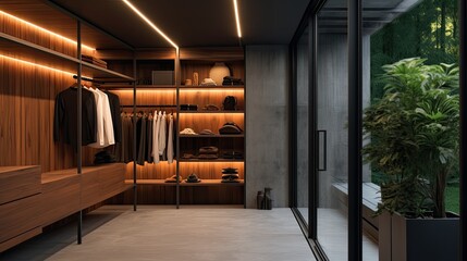 Photo of an elegant minimalist male walk in wardrobe with clothes hanging on rods, shelves and drawers. Dressing room with space for storing and organizing accessories.