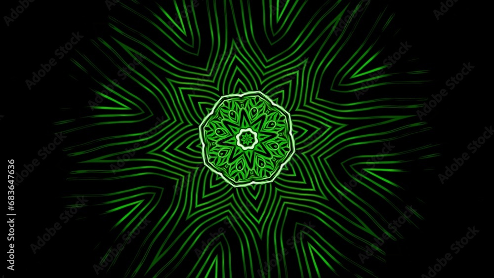 Poster neon mandala pattern pulsates on black background. design. beautiful pattern of glowing pulsating li
